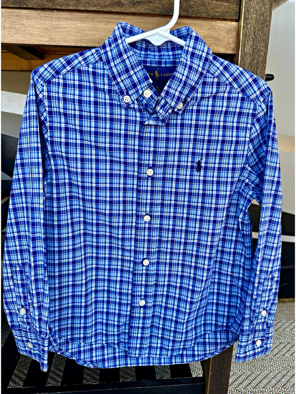 Ralph Lauren Boys Blue/White Plaid Button-Down Long Sleeve Shirt Size 5
